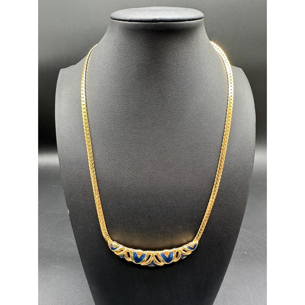 Vintage Avon‎ Blue Enamel Bib Herringbone Chain Statement Necklace 19 Inch